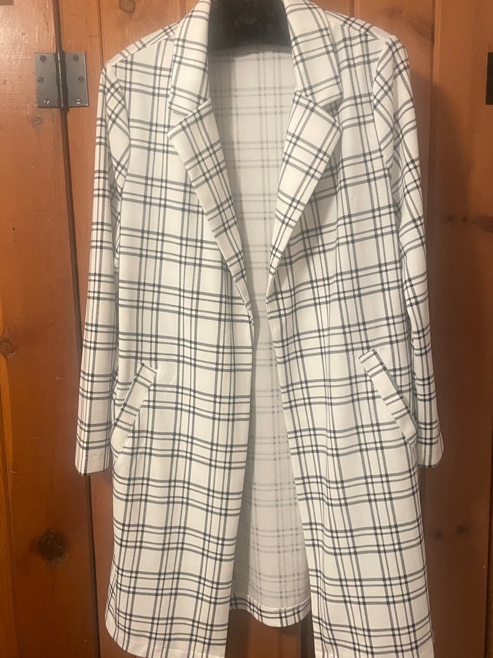 MELLODAY Black White Windowpane Plaid Longline Open Front Blazer M